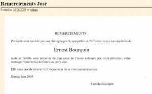 Remerciements décès Ernest Bourquin 2009